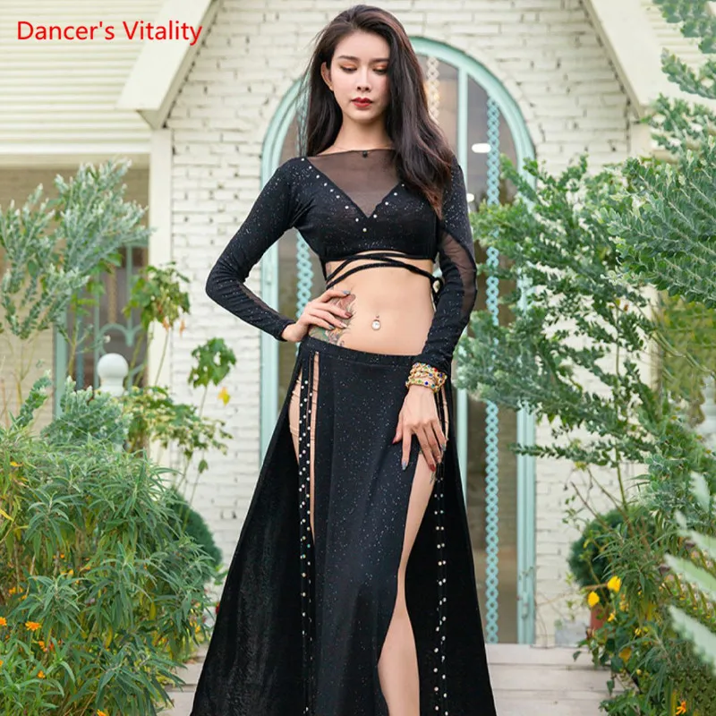 

Belly Dance Suit Sequins Top Long Sleeve Split Skirt Practice Clothes Female Elegant Shirt Profession Performance Clothing Set