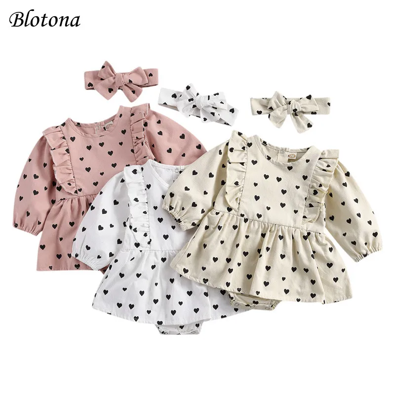 

Blotona Newborn Girls 2-piece Dress Set, Long Sleeve Heart Print Crew Neck Lace Short Dress and Hairband 0-24Months