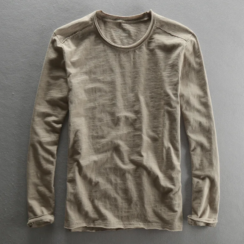 Men Fashion Brand Vintage Bamboo Cotton O-neck Long Sleeve T-shirt Japan Style Male Casual Thin Tee Tshirts Tops
