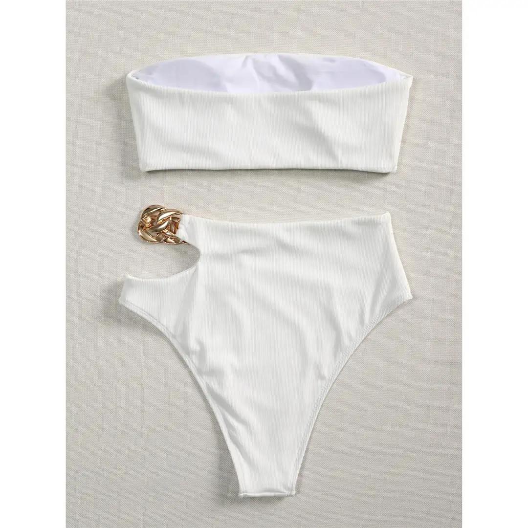 Maillot de bain deux pièces brillant, Bandeau, taille haute, avec ceinture, pour femmes, ensemble Bikini, sans bretelles, pour baigneurs