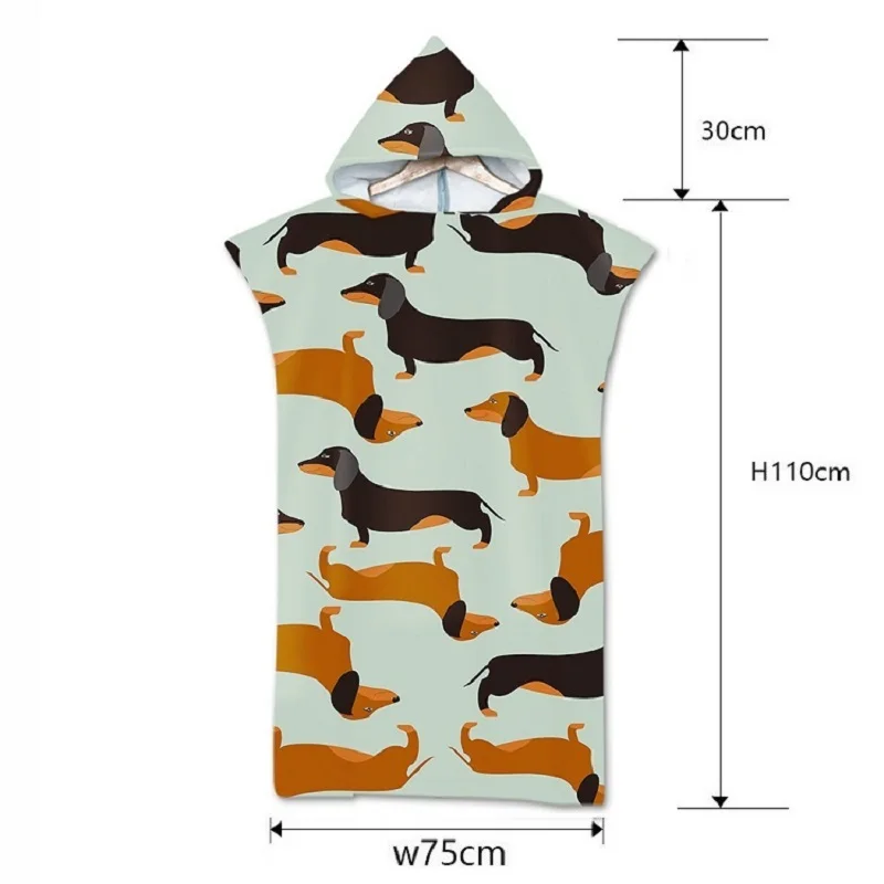 Microfiber Hooded Surf Poncho Towel Cloak for Adults, Dog Animal Printed Bathrobe, Beach Dress, Beachwear for Men and Women