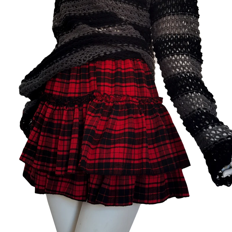 Y2k Girl Gothic Ruffles Elastic Waist Midi Skirts Women Black Red Striped Plaid Mini Skirt Dark Goth Lady Korean Fashion Clothes