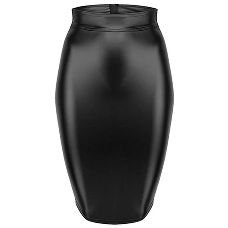 Falda de cuero PU con cremallera para mujer, Bodycon de encaje trasero de piel sintética, hasta la rodilla, aspecto húmedo, talla grande, negro