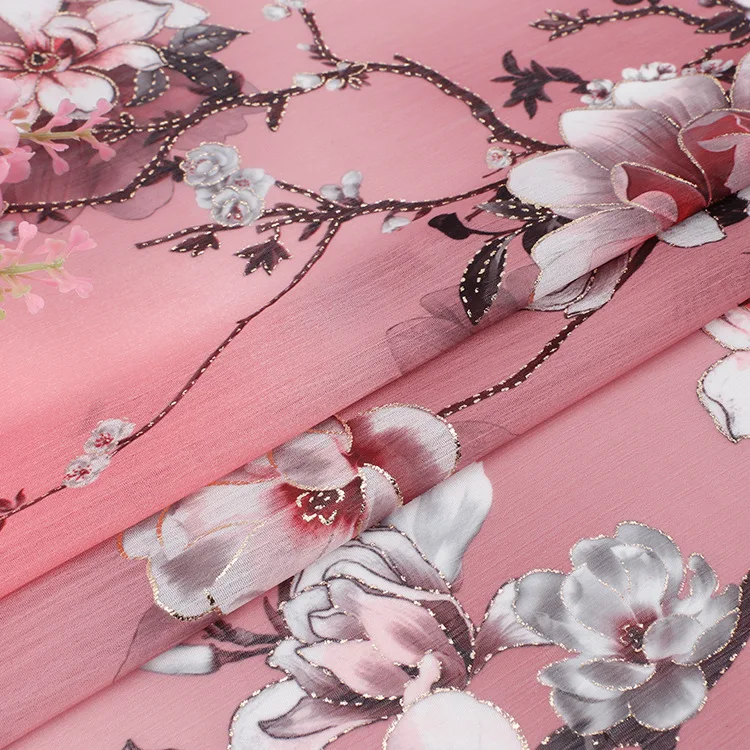 150cm Width Soft Deep Pink Plum Printed Bronzing Chiffon Tulle Fabric for Sewing Dress Shirts Clothes Material By The Yard