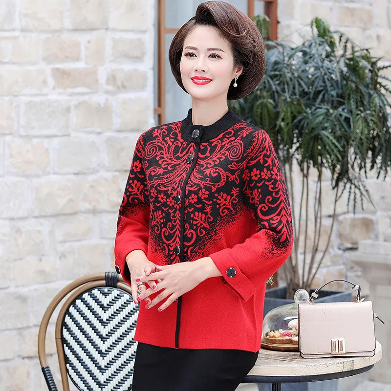 Middle-aged Elderly Women\'s Sweater Cardigan Coat New Autumn Winter Print Knit Jacket Single-Breasted Casual Coat Female Tops