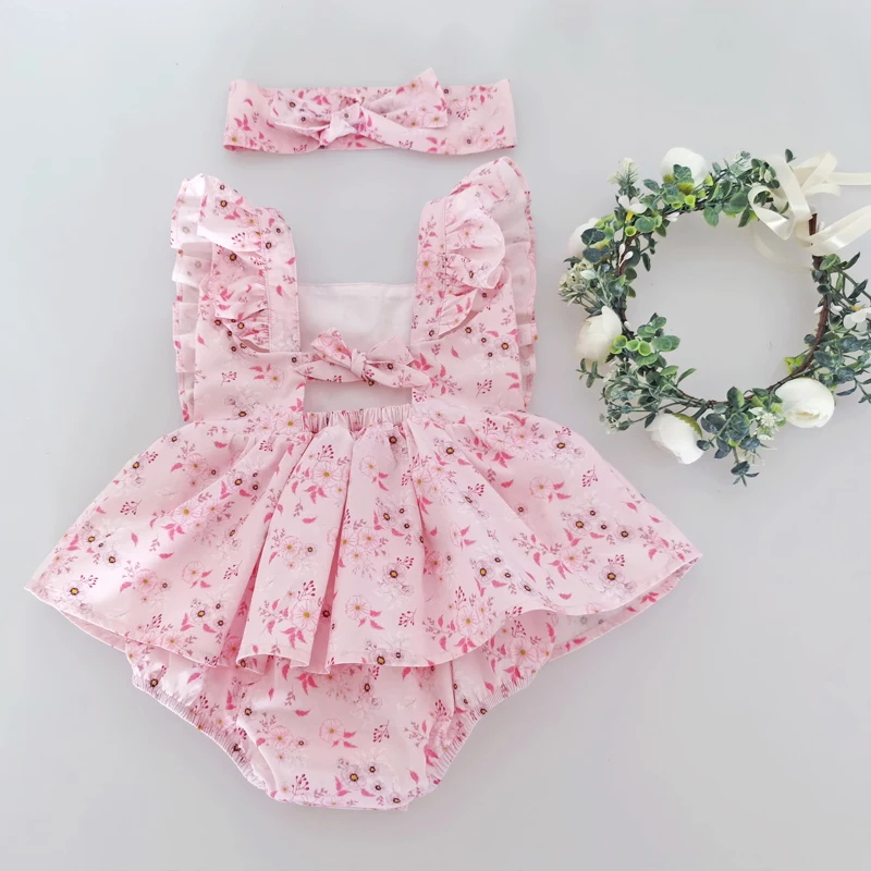 Flofallzique 2021 New Sweet Pink Little Flower Square Neck Ruffled Girl Romper For Newborn Party Casual Daily Easter