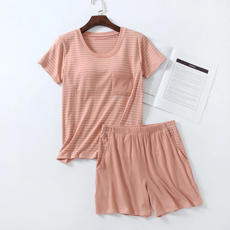 Pyjama Woman Set 2023 Casual Summer Pajamas Short Sleeve Striped Top + Pant Two Pieces Home Suit Bra Padded Sleepwear Pijama