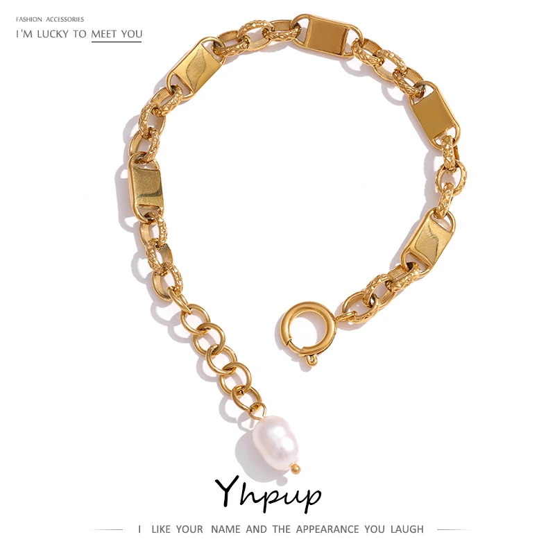 Yhpup Stainless Steel Jewelry Minimalist Chain Golden Bracelet Elegant Natural Pearl Metal Texture for Women Bijoux Femme Gift