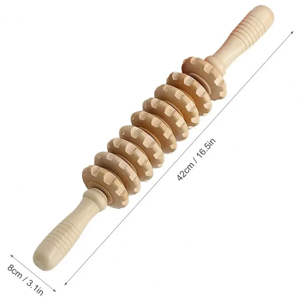 Body Fascia Massager Anti-slip Handle Wood Grooved Gear Arms Legs Thighs Buttocks Smooth Roller Massager for Back Relaxation