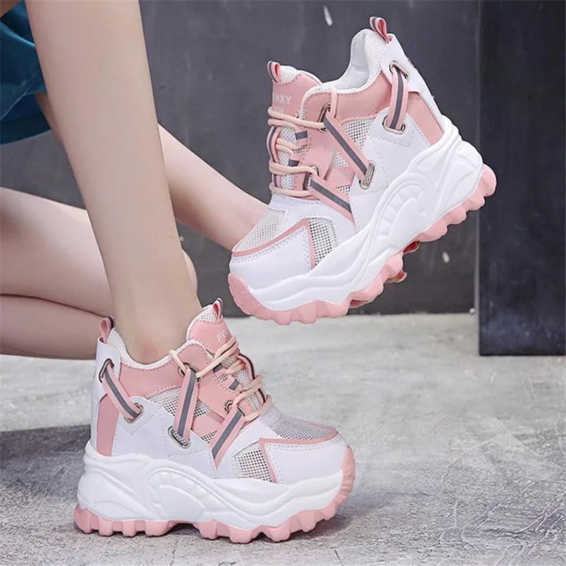 Wysokie obcasy Chunky Sneakers kobiety moda jesień wysokość zwiększenie obuwie kobieta Mesh platforma Vulcanize buty