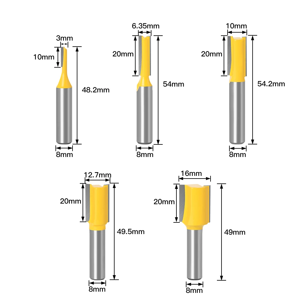 8mm Shank Straight Woodworking Router Bit Set Carpenter Milling Cutter 3/6.35/10/12.7/16mm Cutting Diameter