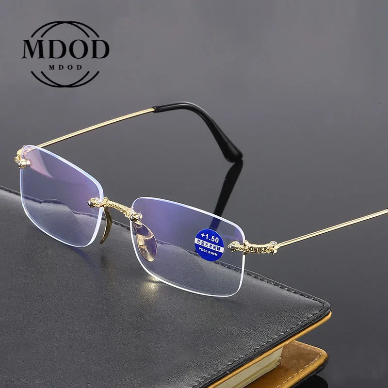 Eye protection Anti-blue reading glasses multi-focus distance and near dual purpose Double light gold frame Rimless trim glasses