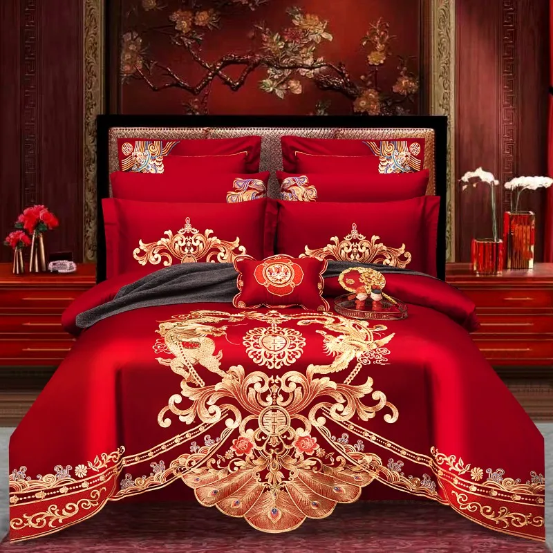 

High End Golden Dragon Phoenix Embroidery Bedding Set Luxury, Red Cotton Duvet/Quilt Cover, Bed Sheet, Pillowcases, Wedding