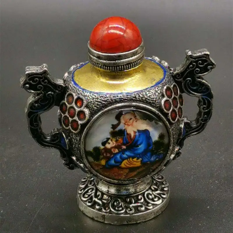 China Old National Style Old Tibetan Silver Snuff Bottle Statues for Decoration Collection Ornaments