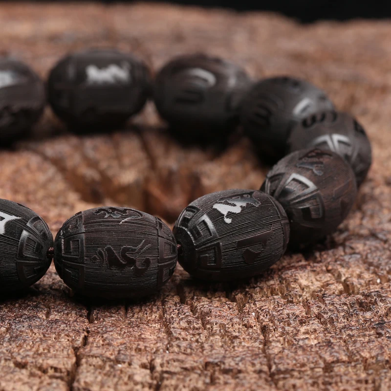 Natürliche Ebenholz Armband Olive Förmigen Schwarzen Holz Tibetischen Buddhistischen Perlen Sechs-Charakter Mantra Glück Armband – Detail 6