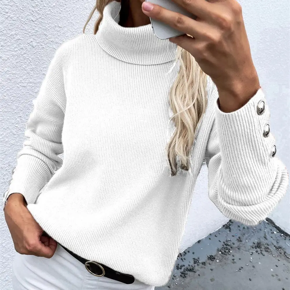 

Ribbing Top Turtleneck Buttons Cuff Women Sweater Pullover Ladies Clothing