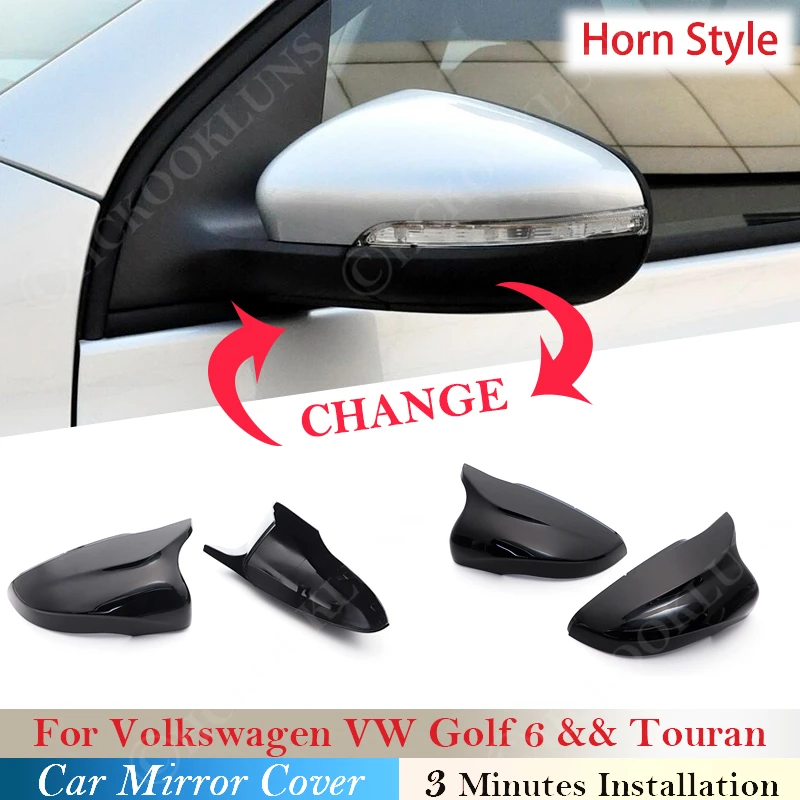 For Volkswagen Golf 6 08 - 12 Touran 11 - 14 Mirror Case Gloss Black Side Wing Rearview horn Style Cover Replacement Accessories