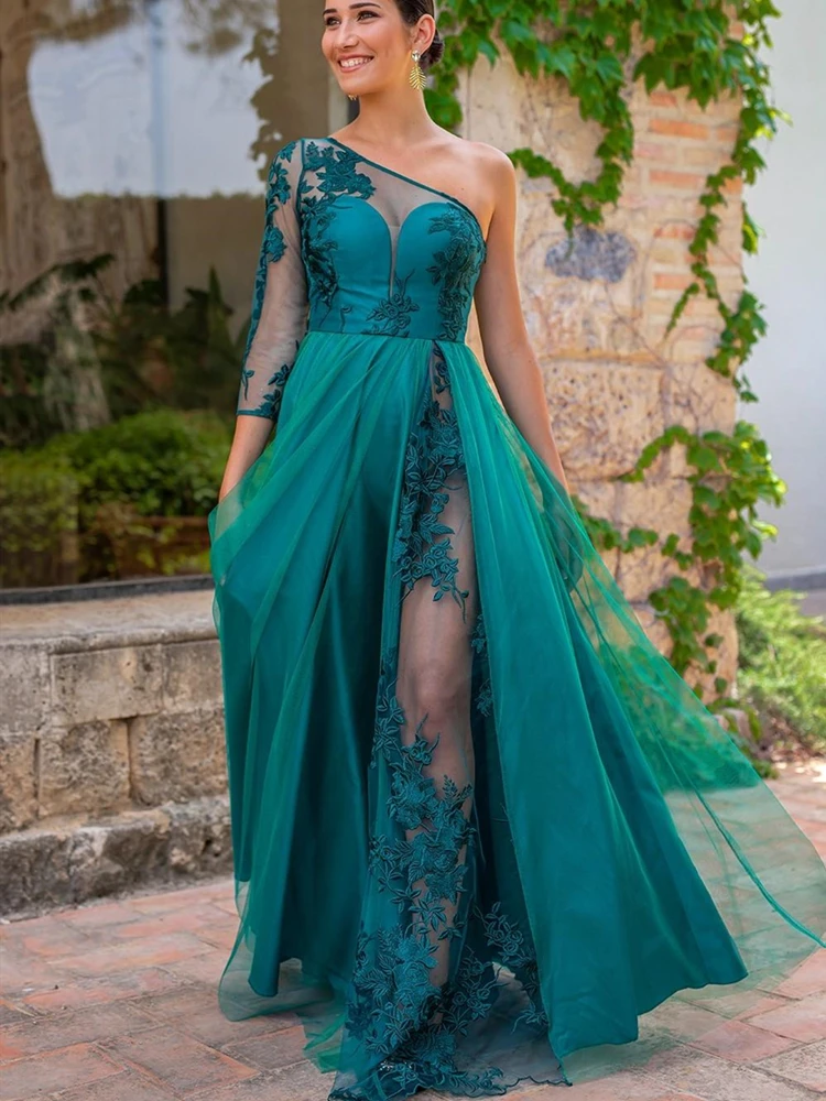 Vestidos de Noche turquesa con un hombro descubierto para mujer, manga larga, abertura alta, elegante, Formal, fiesta, graduación, 2020