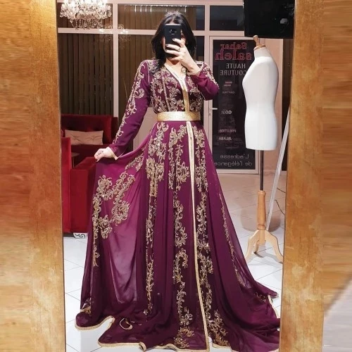 Purple Moroccan Kaftan Caftan Muslim Evening Dresses A-line Chiffon Pearls Dubai Arabic  Abaya Islamic Evening Gown Customized