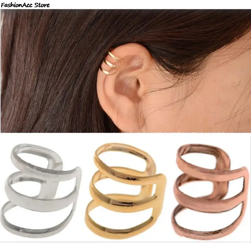 No piercing-Clip on New Gold Bronze Women Men Party Jewelry Punk Rock Ear Clip Cuff Wrap Earrings 2pcs=1 Pair