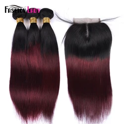 Fashion Lady Pre-Colored Ombre Brazilian Hair 3 Bundles With Lace Closure 1B/99J Straight Weave Human Hair Bundle Pack Non-Remy