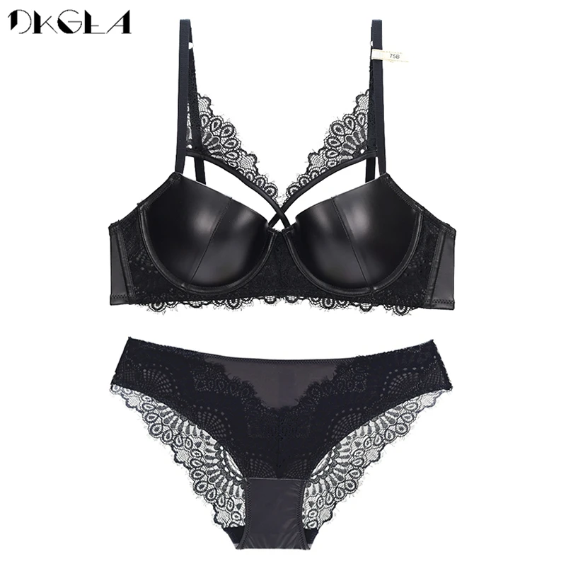 High Quality Synthetic Leather Lingerie Set Women Sexy Bandage Brassiere Glossy Push-Up Bra Set Thick Underwear Lace Fashion