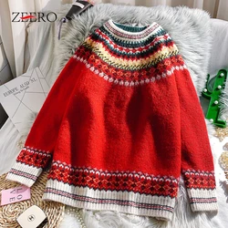 Autumn Winter Clothes Women Christmas Party Jacquard Knitted Sweaters Female Midi Casual Long Sleeve Loose Warm Pullover Tops