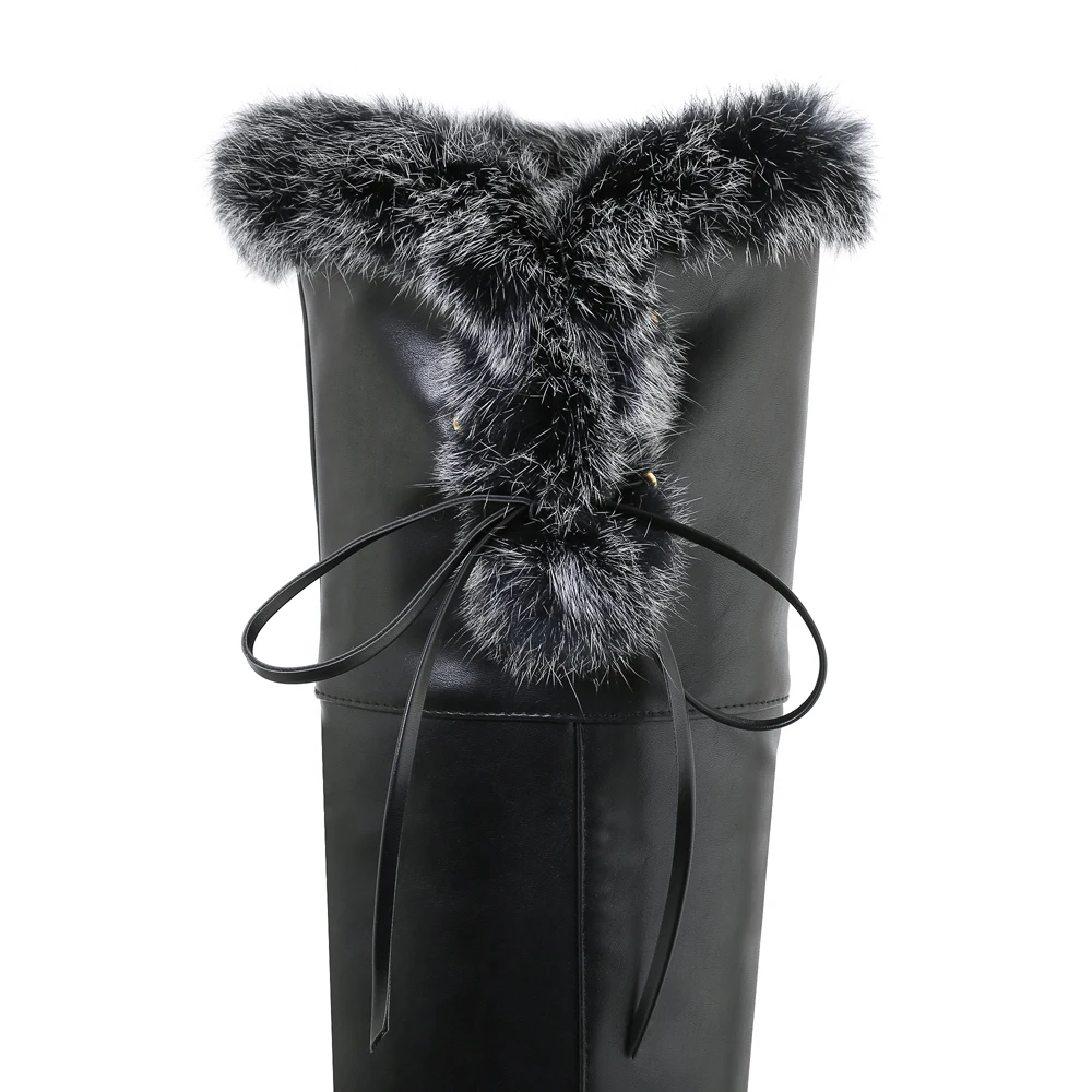 Cuffed Faux Fur Thick-Soled Over-The-Knee Boots Lace-Up Side Buckle Sweet Thick-Heeled Boots Warm And Comfortable Women\'s Shoes