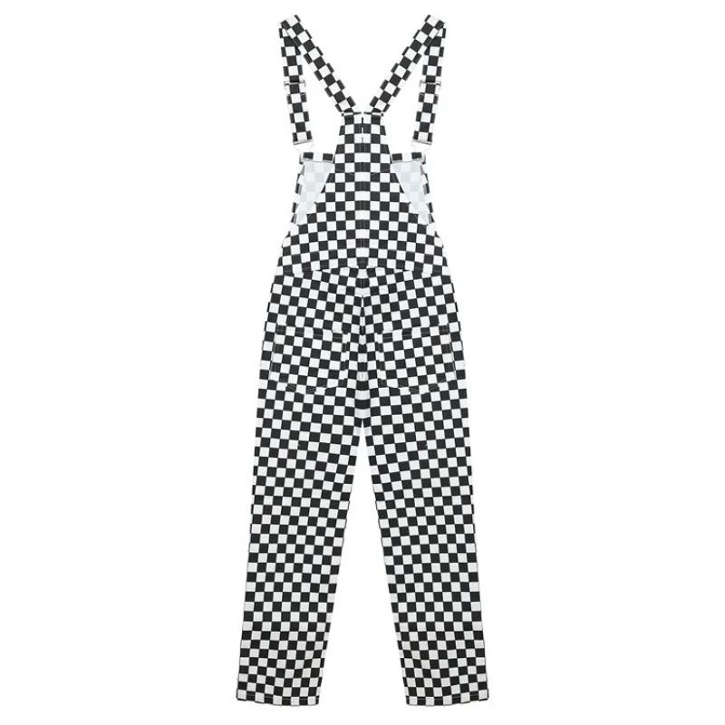 Black White Plaid Mosaic Checkerboard Lattice Overalls Women Men Harajuku Loose Bib Pants New Retro Old School Hip Hop Style