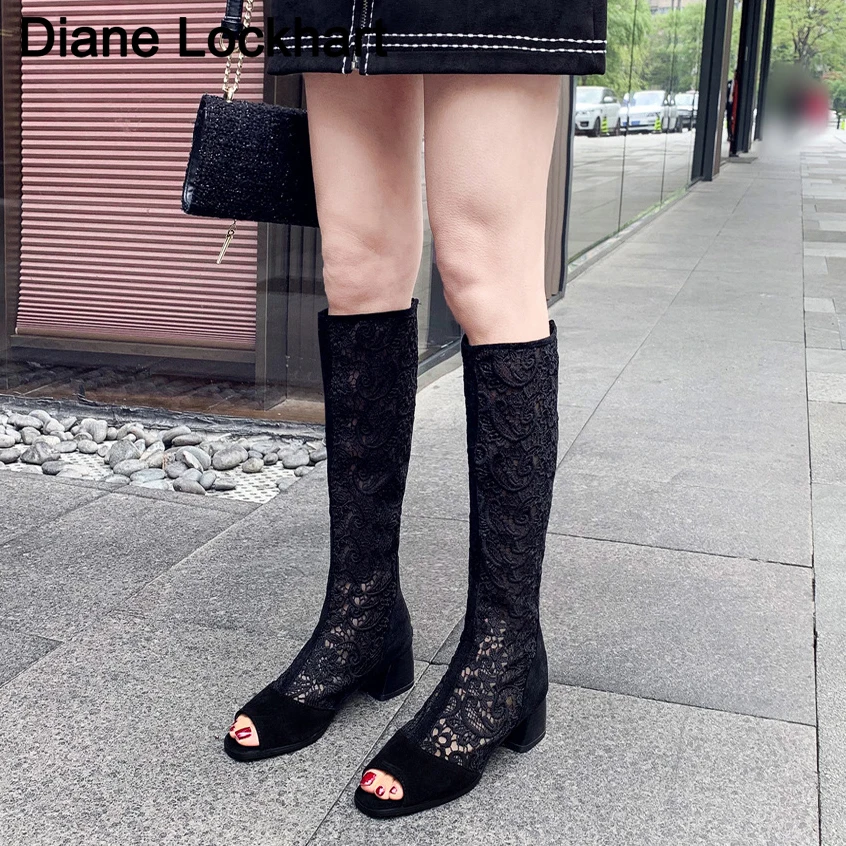 Fashion Peep Toe Knee High Boots Women Lace Mesh High Heels Autumn Shoes Woman Gladiator Sandals Sexy Lady Leisure Long Boots 33