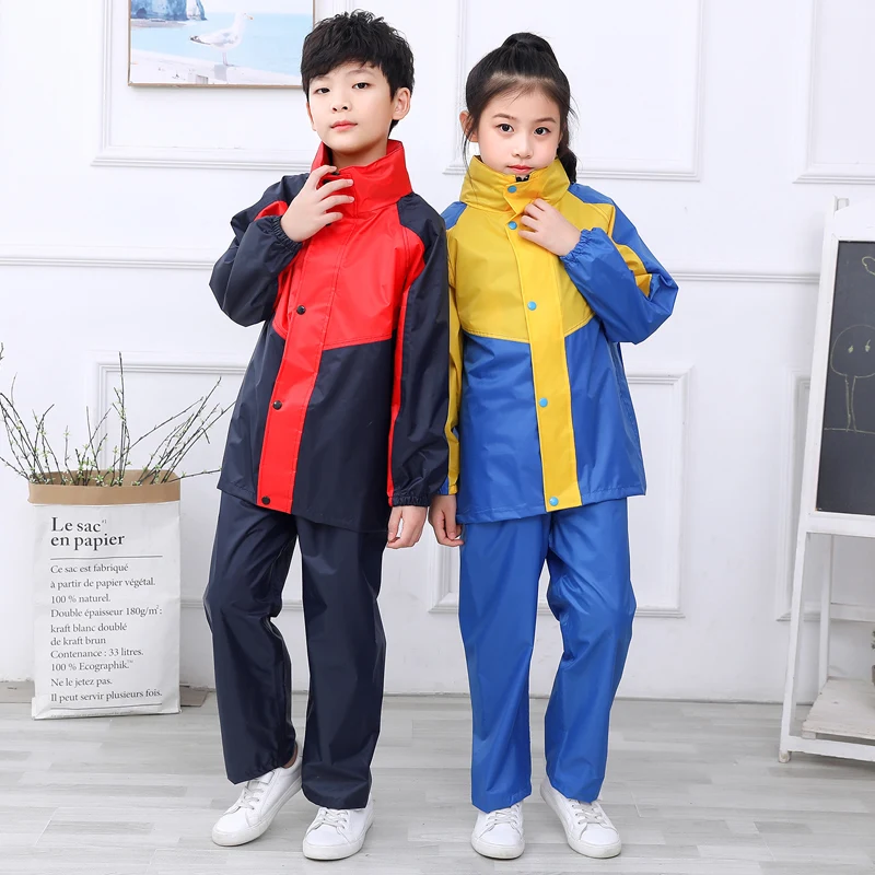 Fashion boys and girls split color matching thickened body raincoat rainpants suit Big Brim rain proof 115-165CM