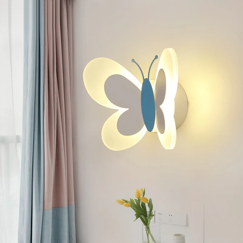 Cartoon Cute Blue Pink Butterfly Wall Lamp Creative Wall Mount LED Light Kids Child Girl Boy Baby Bedroom Nursery School Decor