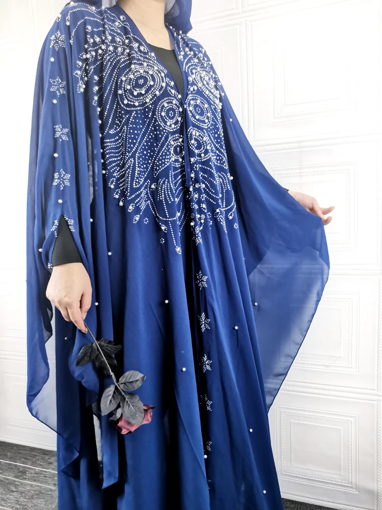 African Fashion Dresses for Women Abaya Turkey New 2022 Dubai Long Robe Islamic Muslim Chiffon Blue Clothing Loose DR-323