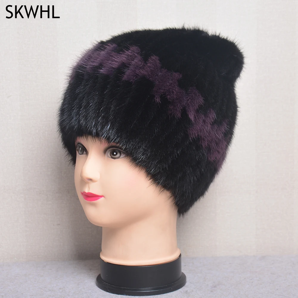 

Winter Luxury Women Hat Made Of Real Mink Wool Knitted Striped Hat Casual Hat Made Of Russian Natural Mink Hair Mink Fur Hat