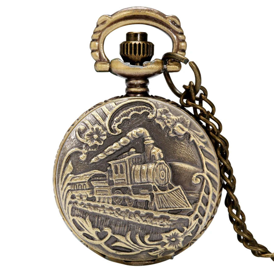 Little Small Size Retro Bronze 3D Locomotive Design Quartz Pocket Watch Pendant With Sweater Necklace Chain Training Watch Gifts