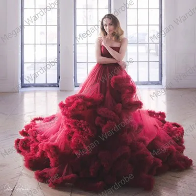 Sexy Extra Puffy High Low Ruffled Tulle Long Dressing A-Line Sweet Heart Strapless Winter Dress For Women Christmas Party Dress