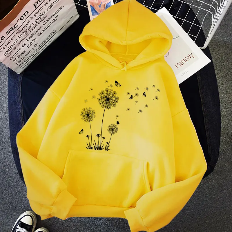 Dandelion Print Yellow Tops Hoodie Korean Harajuku Aesthetic Hoodies Goth Women Autumn Winter Pullover Sudaderas Kpop Sweatshirt