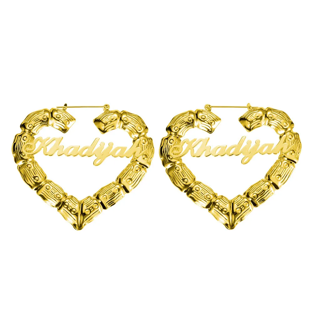 

Heart Shape Custom Name Earrings For Women Bamboo Hoop Earring Statement Words Numbers Gold Color Girls Weddings Party Jewelry