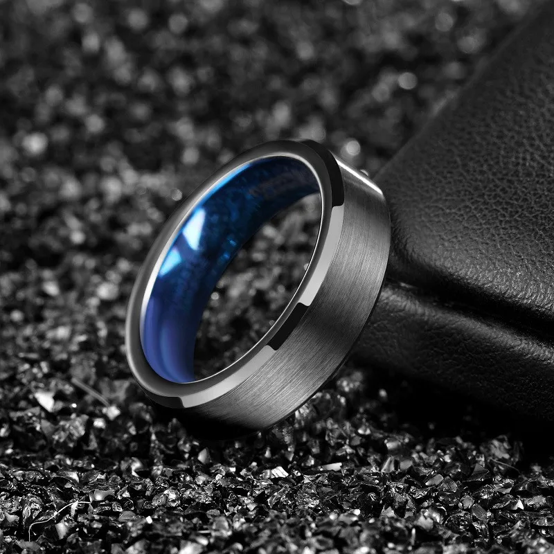 Tigrade Men Tungsten Ring 4/6/8mm Black Man Rings Women Finger Band Blue Inside Cool Ring Classic Wedding Band Engagement