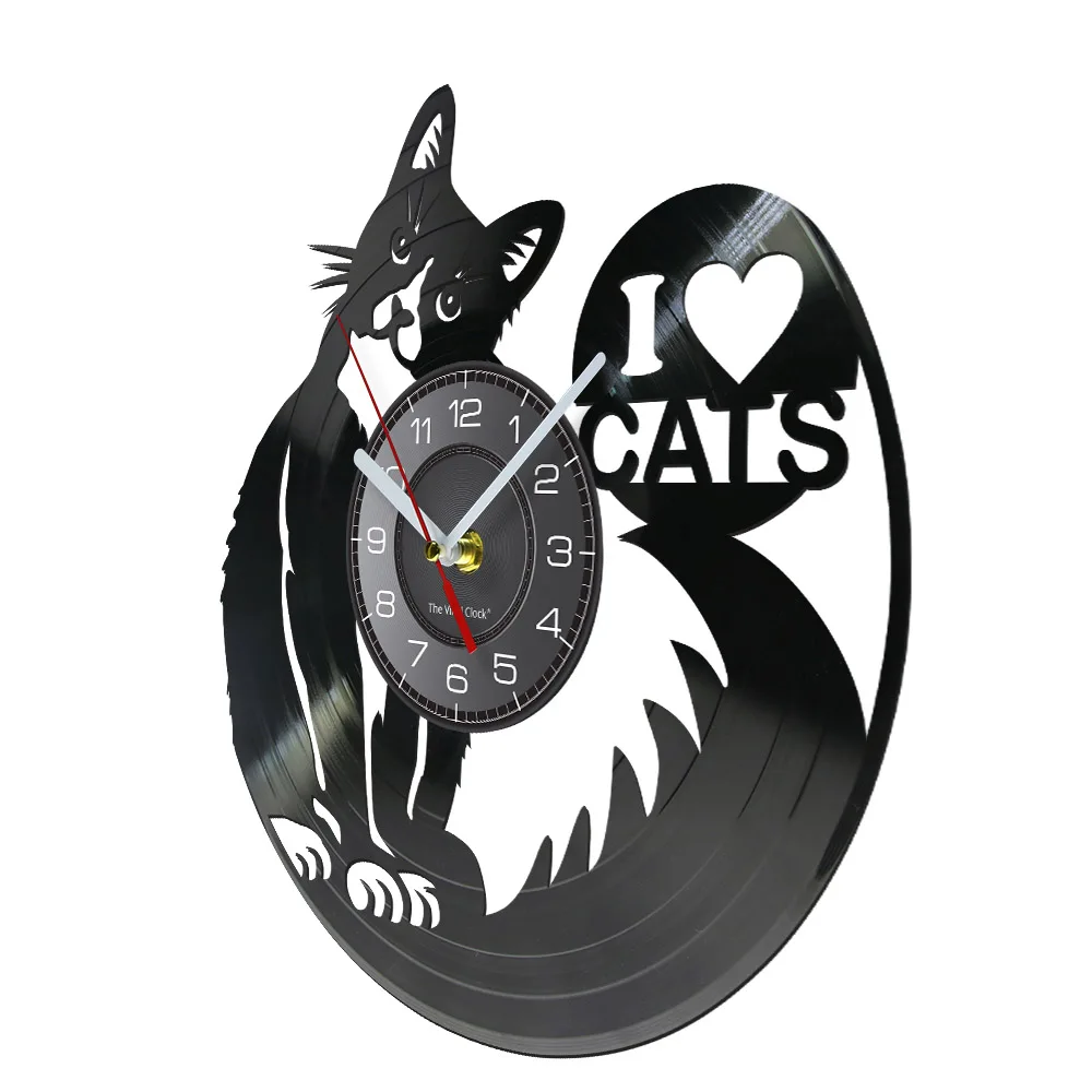 I Love Cats Cute Kitty Rescue Wall Art Silent Clock Lovely Pet Adoption Kittens Home Decor Cat Shop Vinyl Record Hanging Watch