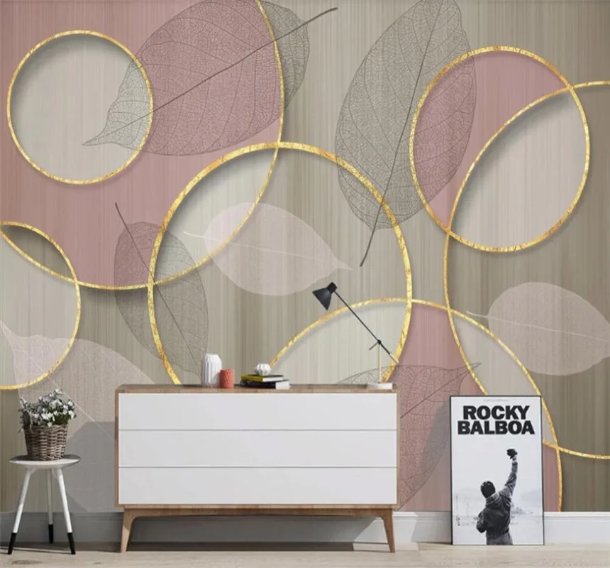 

Custom large 8D wallpaper wall cloth light luxurious gold circle transparent leaf pink background wall decoration mural