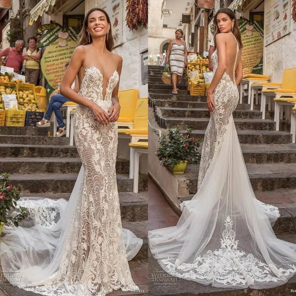 

Sexy Mermaid Wedding Dresses Sheer Neck Sweep Train 2020 Lace Applique Beach Wedding Gowns Illusion Bodice Vestidos De Novia