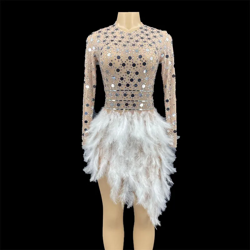 Bling Silver Sequins Stones Feather Transparent Dress Women's Prom Birthday Celebrate Dress Latin Dance Short Dress