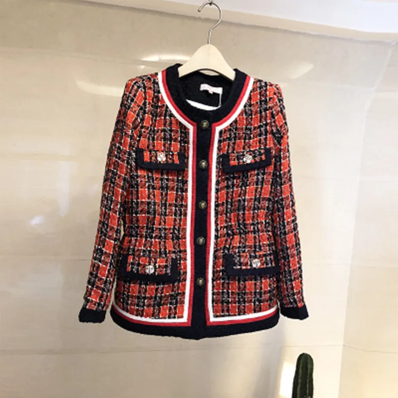 

Winter Tweed Coat 2024 Spring Elegant Women's Small Fragrance Long Sleeve Runway Jacket Fashion Tweed Colorblock plaid Slim Coat