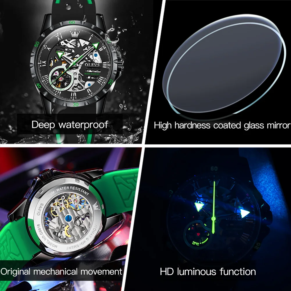 OLEVS Mechanical Watch Men Automatic Wind Up Waterproof Sport Automatic Mechanical Wristwatches Hollow Out Watches  For Men