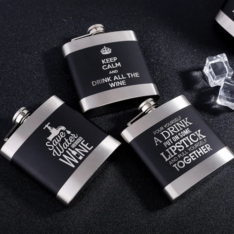 

6oz black stainless steel Hip Flasks laser English lettering easy to carry western Russia vodka whisky outdoor wine bottle