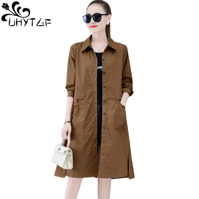 

UHYTGF Casual Spring Windbreaker Women's Fashion Pockets Mid-Length Thin Trench Coat Female Korean Big Size Tops Outerwear 2099