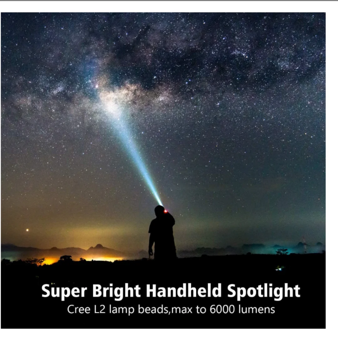 Spotlight Super Bright LED Handheld Flashlight 6000 Lumen Super Bright Waterproof 6 Lighting Modes