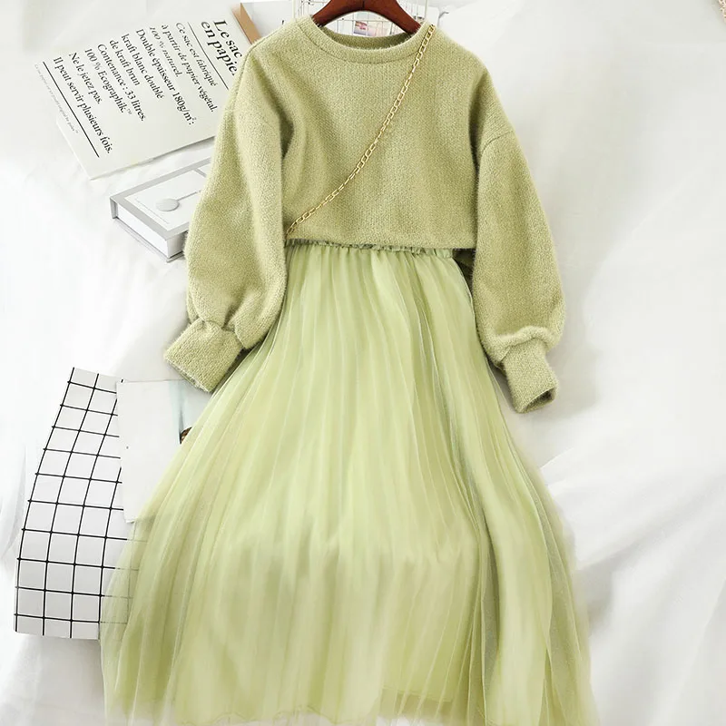 Sweet Two Pieces Suit Women Knitted Sweater Spring Winter O Neck Sweaters And Spaghetti Strap Dress Set Female Dress