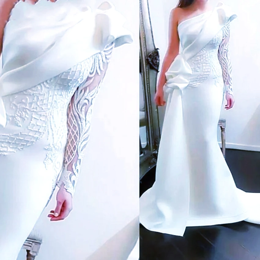 Elegante vestido de noche largo de sirena con un solo hombro, blanco, manga larga, árabe, para graduación, satén, con volantes, apliques, Formal, 2020